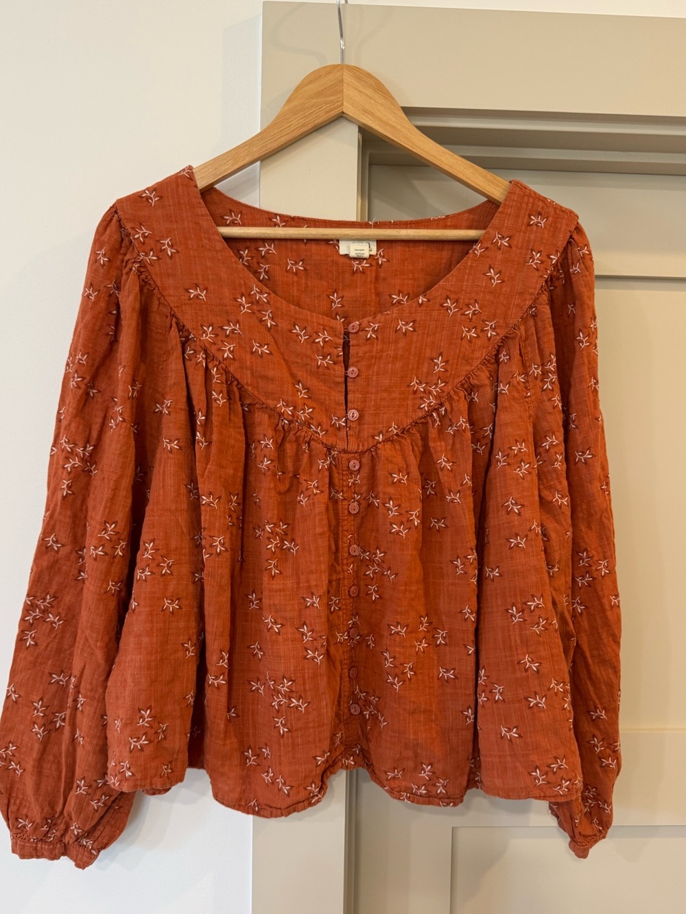 Ana Rust Embroidered Button-Front Peasant Top - Picture 1 of 7